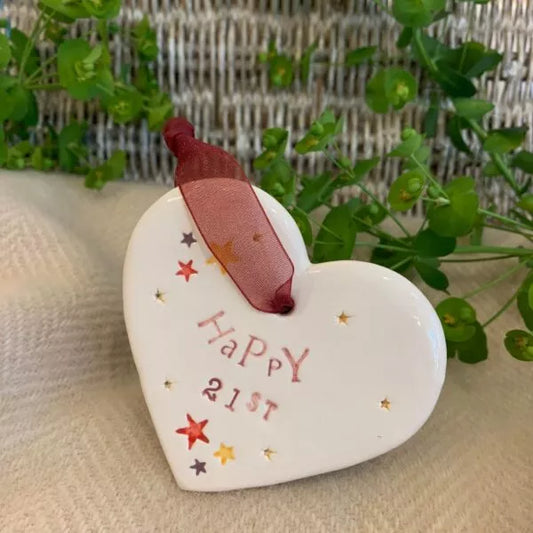 Handmade Hanging Ceramic Heart with Thoughtful Message - 21st Birthday