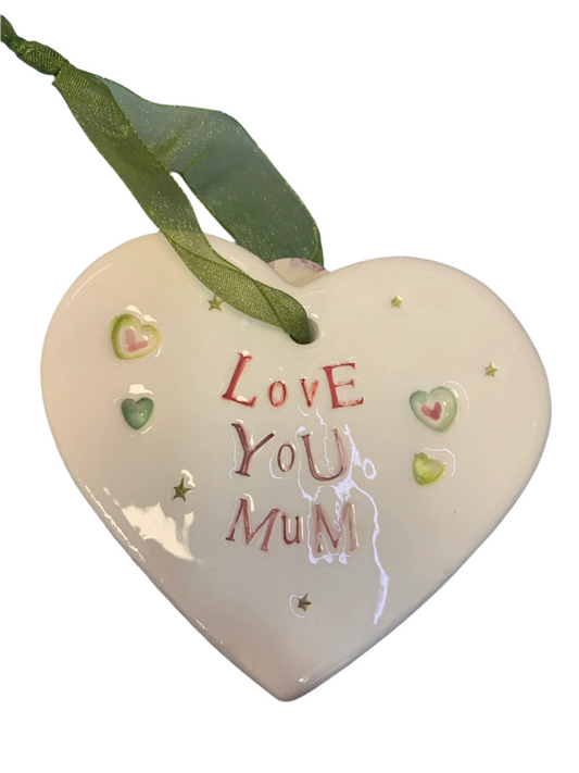 Handmade Hanging Ceramic Heart with Thoughtful Message - Love You Mum