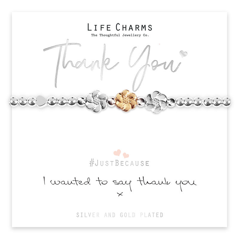 Thank You Silver Flower Stretch Bracelet - Life Charms Jewellery. Available at Sweet P, Burnside, Glasgow