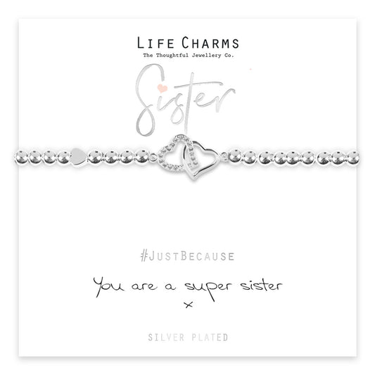 Super Sister Silver Heart Beaded Bracelet - Life Charms Jewellery. Available at Sweet P, Burnside, Glasgow