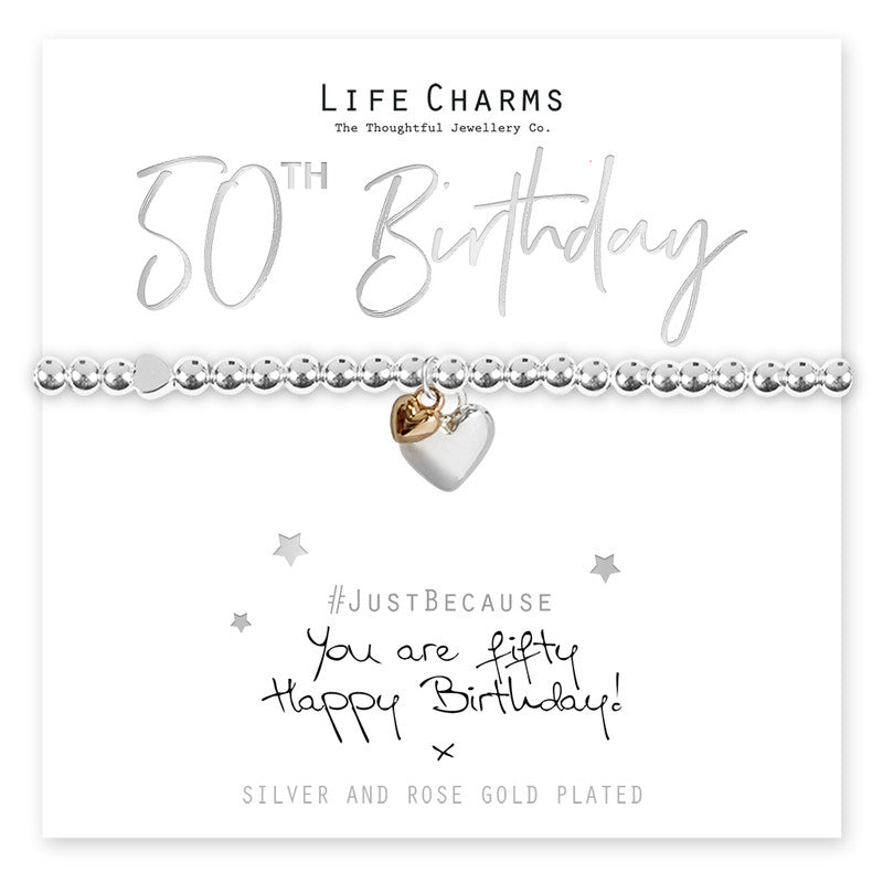 Happy 50th Birthday Silver Heart Beaded Bracelet - Life Charms Jewellery. Available at Sweet P, Burnside, Glasgow