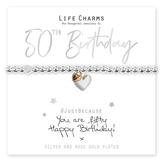 Happy 50th Birthday Silver Heart Beaded Bracelet - Life Charms Jewellery. Available at Sweet P, Burnside, Glasgow