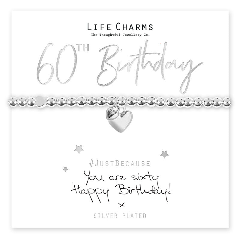 Happy 60th Birthday Silver Heart Beaded Bracelet - Life Charms Jewellery. Available at Sweet P, Burnside, Glasgow