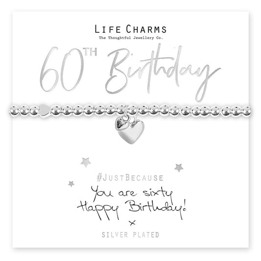 Happy 60th Birthday Silver Heart Beaded Bracelet - Life Charms Jewellery. Available at Sweet P, Burnside, Glasgow