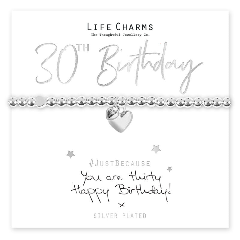 Happy 30th Birthday Silver Heart Beaded Bracelet - Life Charms Jewellery. Available at Sweet P, Burnside, Glasgow