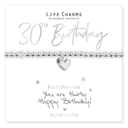 Happy 30th Birthday Silver Heart Beaded Bracelet - Life Charms Jewellery. Available at Sweet P, Burnside, Glasgow