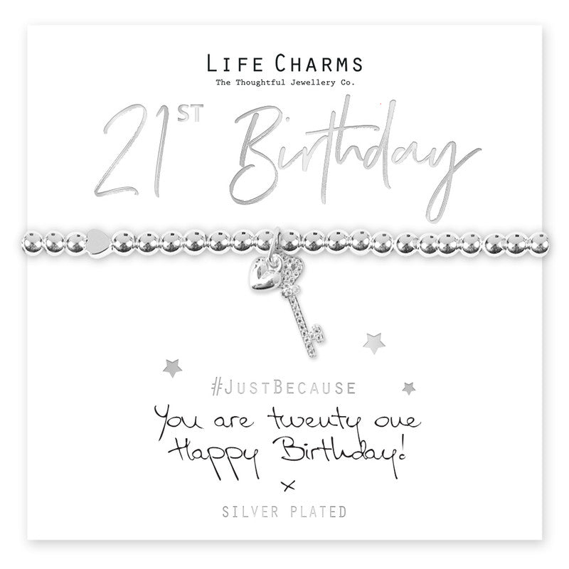 Happy 21st Birthday Silver Key Beaded Bracelet - Life Charms Jewellery. Available at Sweet P,Burnside, Glasgow