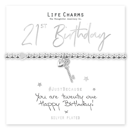 Happy 21st Birthday Silver Key Beaded Bracelet - Life Charms Jewellery. Available at Sweet P,Burnside, Glasgow