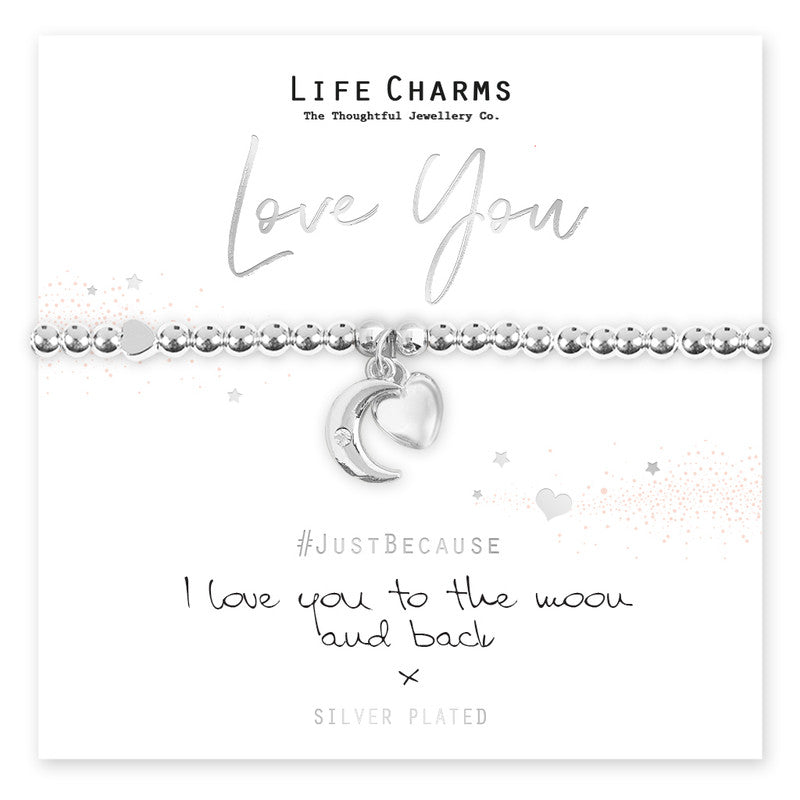 I Love You To The Moon And Back Silver Heart Beaded Bracelet - Life Charms Jewellery. Available at Sweet P, Burnside, Glasgow