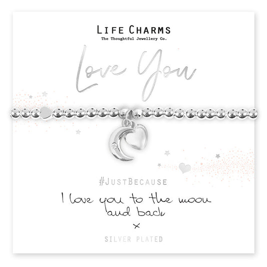 I Love You To The Moon And Back Silver Heart Beaded Bracelet - Life Charms Jewellery. Available at Sweet P, Burnside, Glasgow