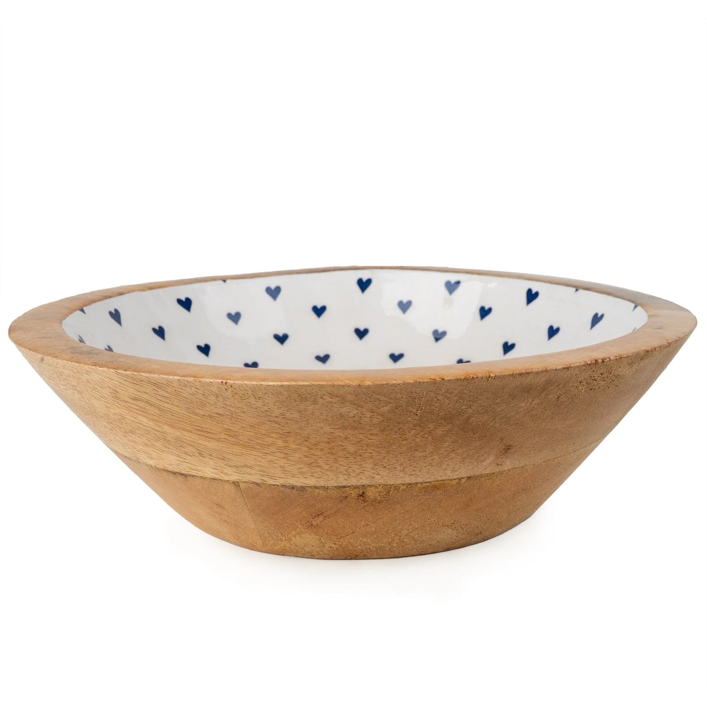 Large Mango Wood Bowl with Enamel Blue Heart Print