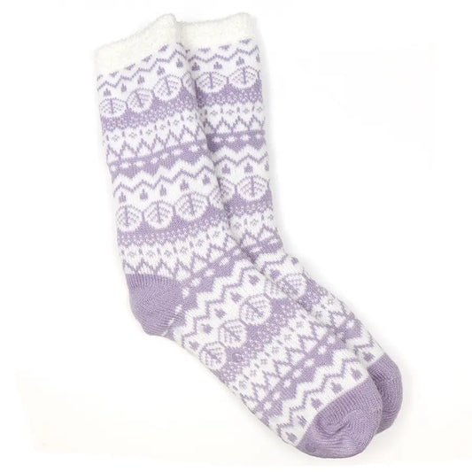 Cosy Lilac & White Fair Isle Slipper Socks with Fleecy Lining | POM | UK Sizes 4-7