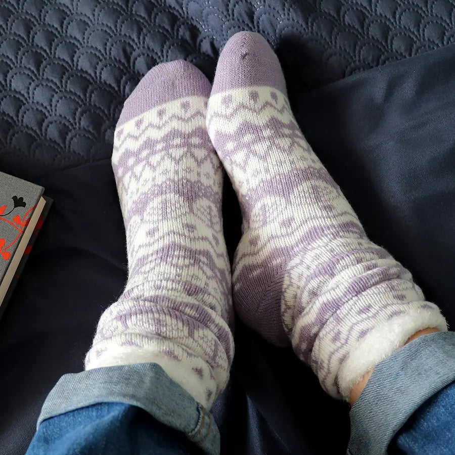 Cosy Lilac & White Fair Isle Slipper Socks with Fleecy Lining | POM | UK Sizes 4-7