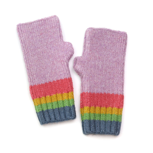 Lilac Knitted Wrist Warmers with Rainbow Stripe Cuff