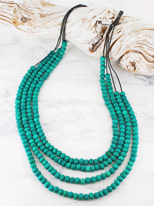 Long Aqua Green 4-Strand Wooden Bead Necklace