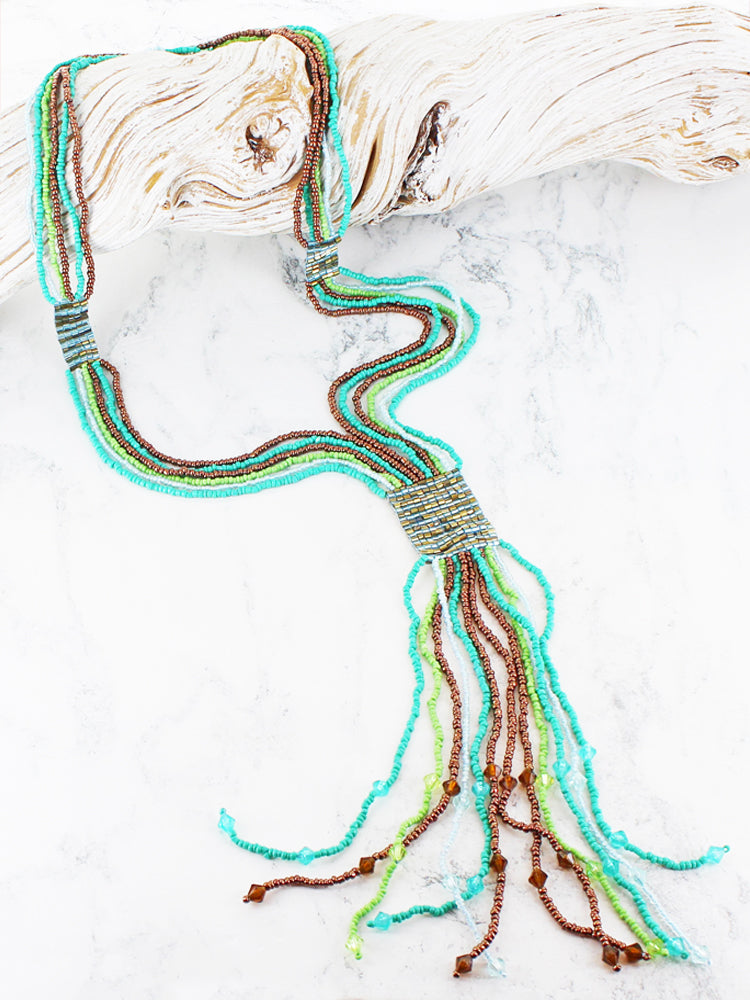 Suzie Blue Long Beaded Tassel Necklace: Green, Turquoise, Red Beads. Available at Sweet P, Burnside, Glasgow