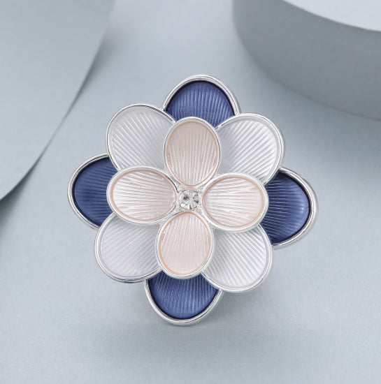 Silver Plated Magnetic Brooch | Elegant Blue & Pink Flower Design