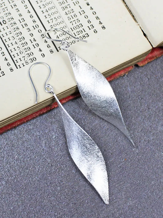 Matt Finish Twisted Leaf Drop Earrings - Sterling Silver 925