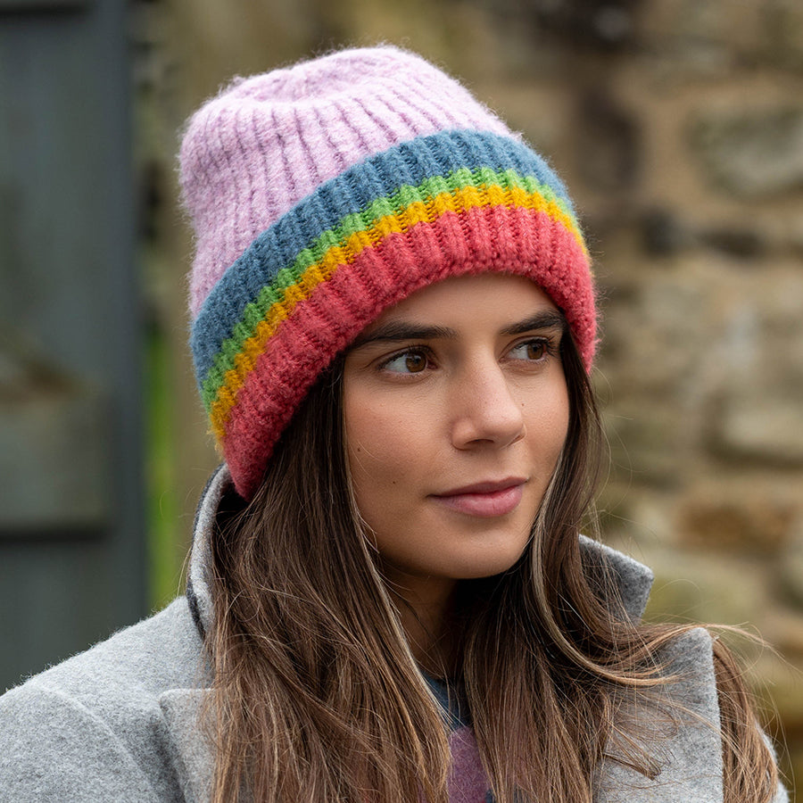 Mauve Ribbed Knit Beanie Hat with Rainbow Stripe