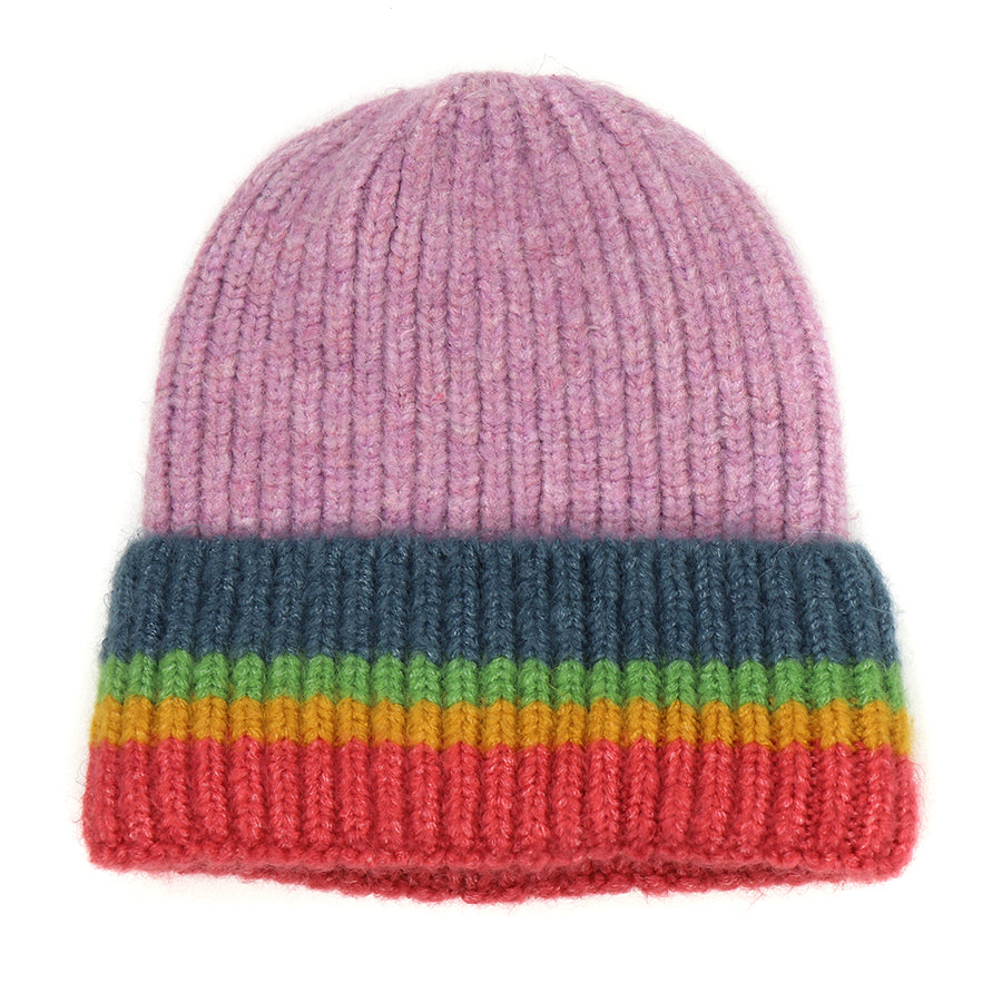 Mauve Ribbed Knit Beanie Hat with Rainbow Stripe