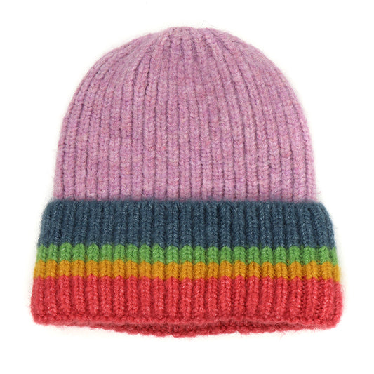 Mauve Ribbed Knit Beanie Hat with Rainbow Stripe