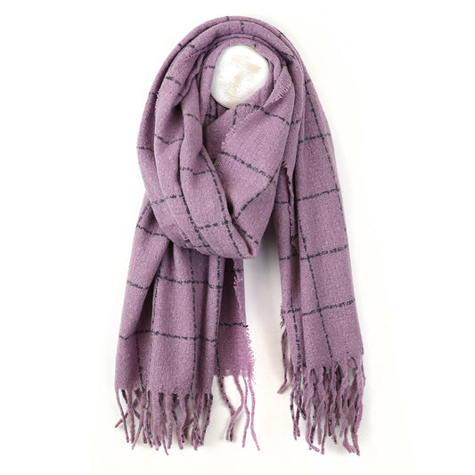 Mauve Fine Check Scarf with Tassel Fringe
