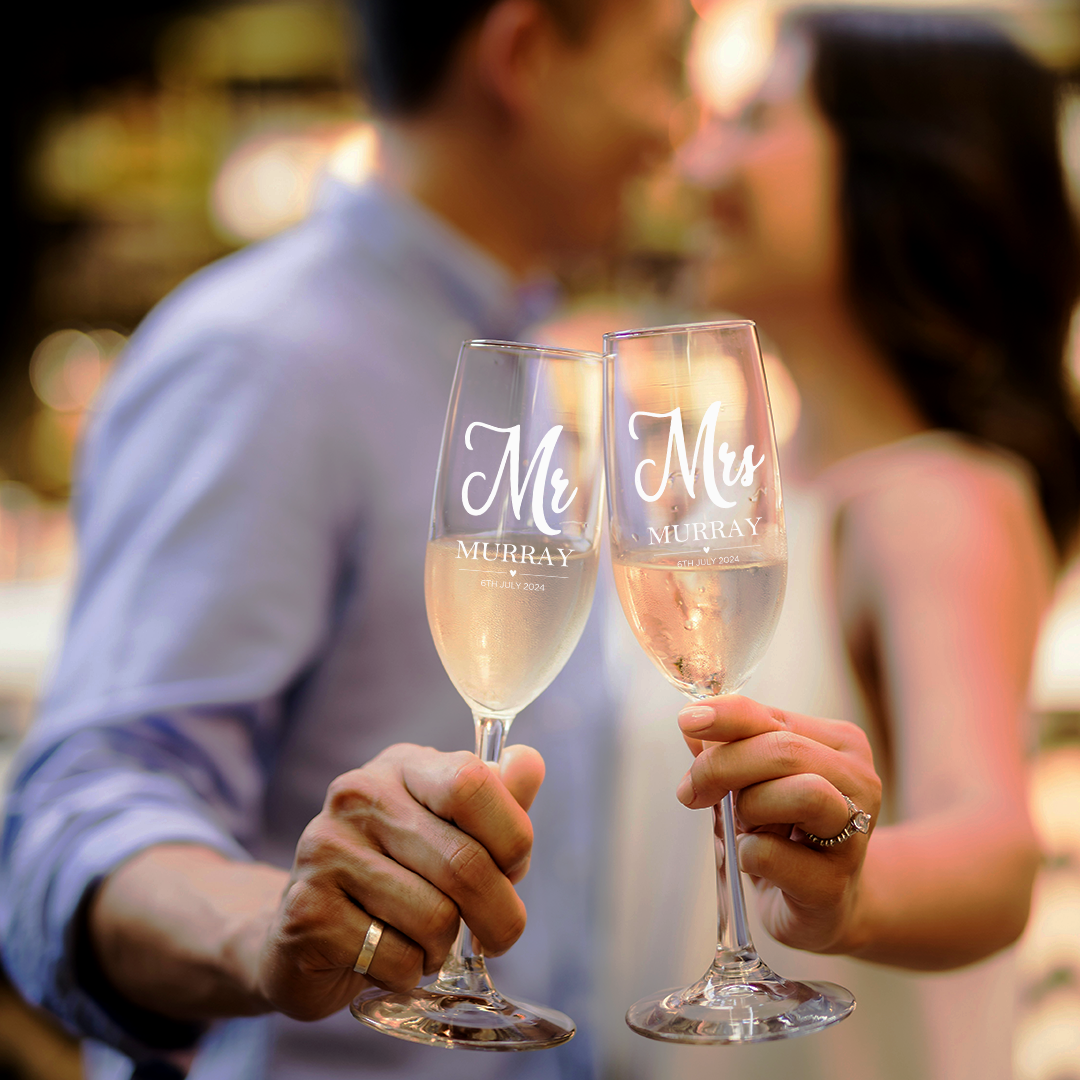 Personalised Mr & Mrs Champagne Flutes | Custom Engraved Wedding Gift