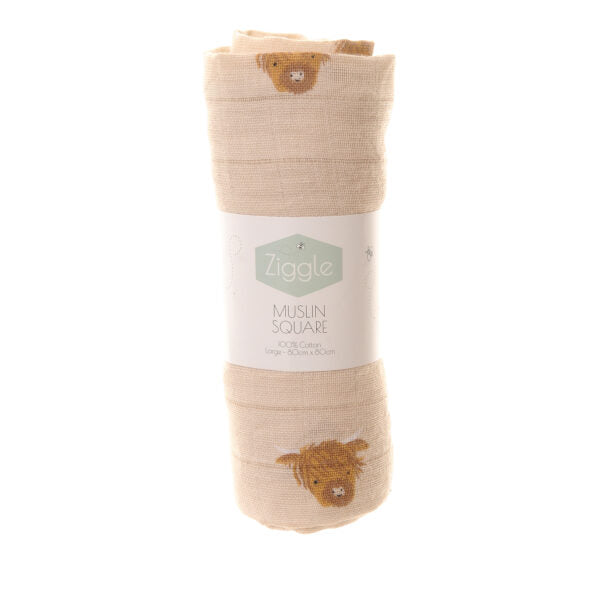Ziggle Highland Cow Luxe Baby Muslin – Soft 100% Cotton Swaddle and Comfort Blanket