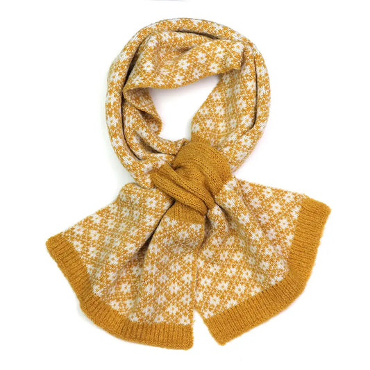 Mustard Scandi Floral Pull-Through Scarf – Recycled Yarn Winter Scarf with Reversible Retro Knit