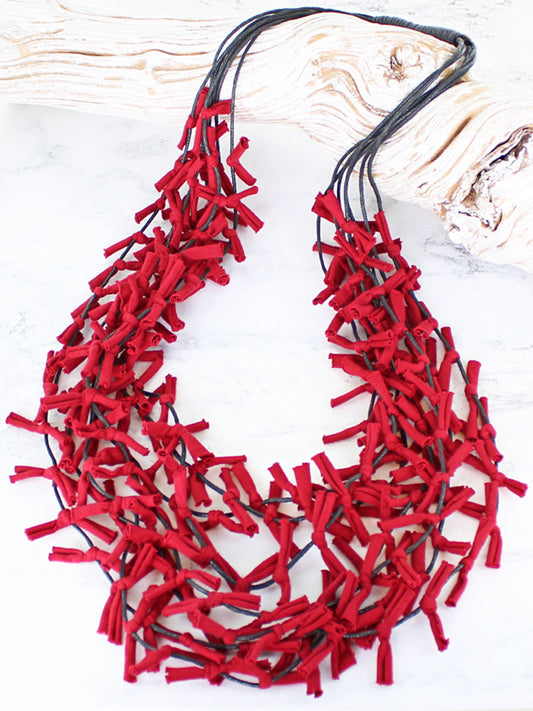 Suzie Blue Mulit-Strand Red Knotted Jersey Necklace