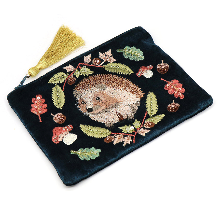 Navy Hedgehog Velvet Makeup Pouch