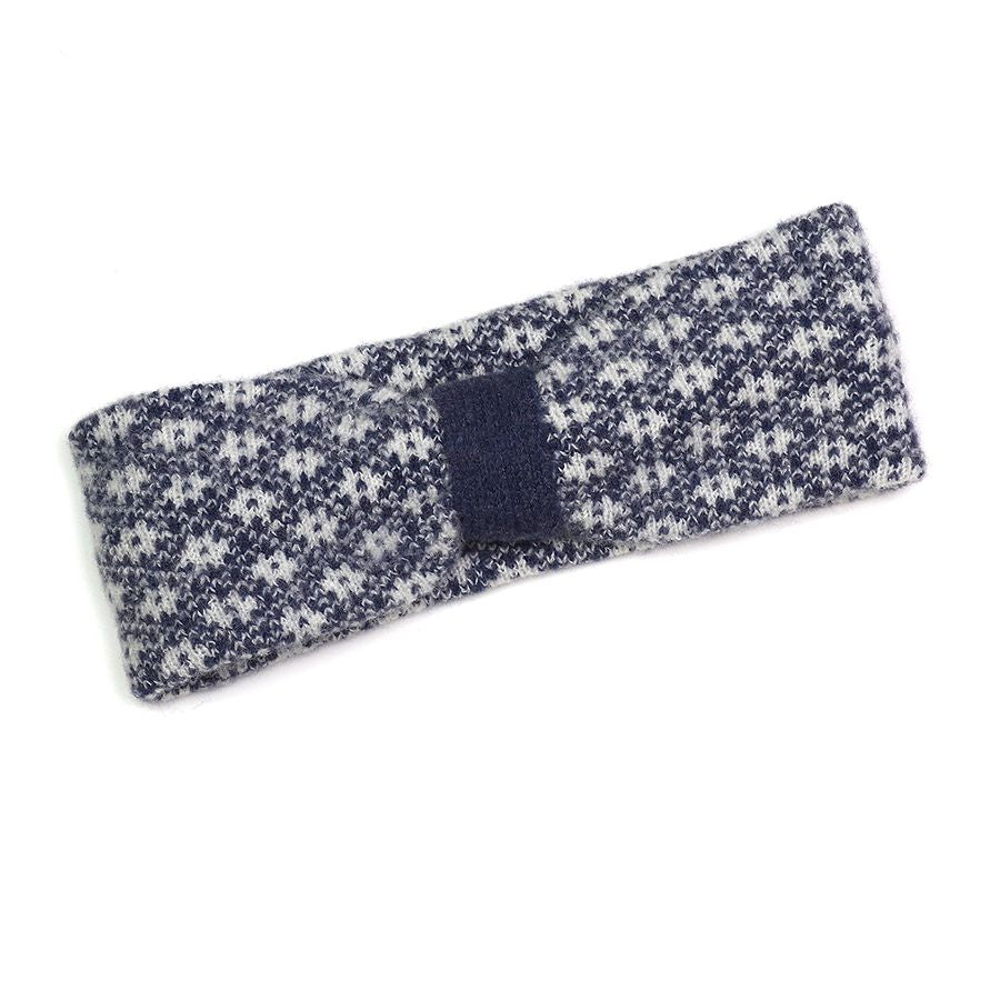 Dark Denim Scandi Floral Knit Winter Headband – Eco-Friendly Recycled Blend