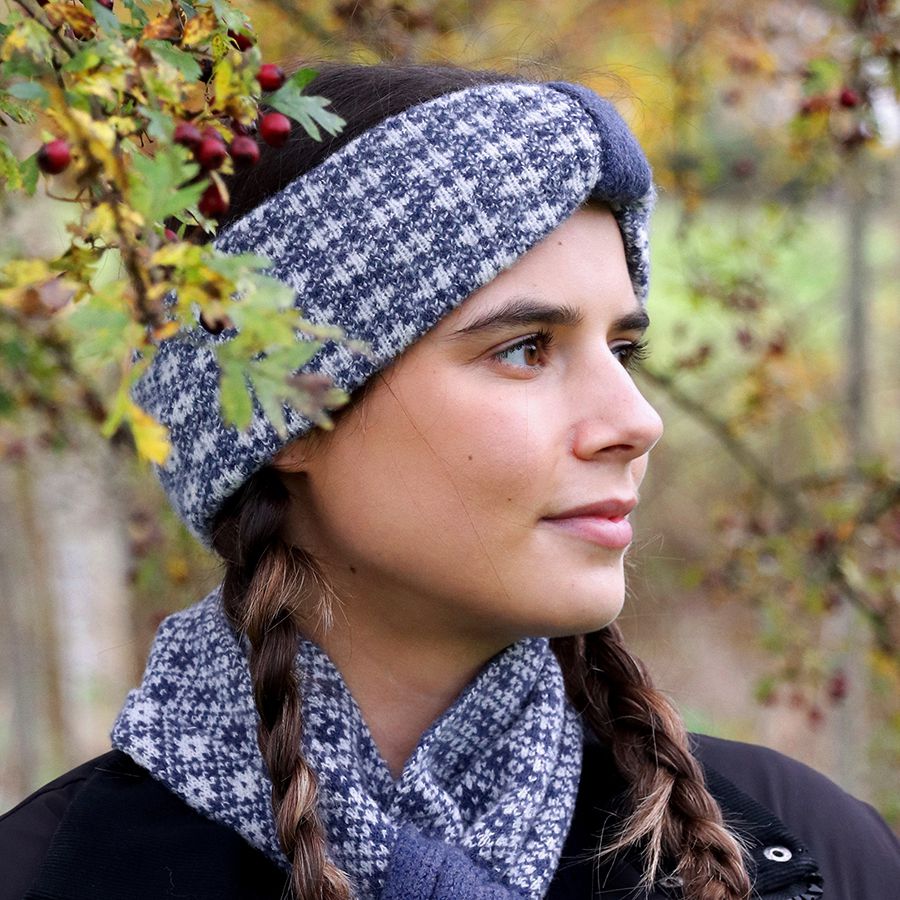 Dark Denim Scandi Floral Knit Winter Headband – Eco-Friendly Recycled Blend