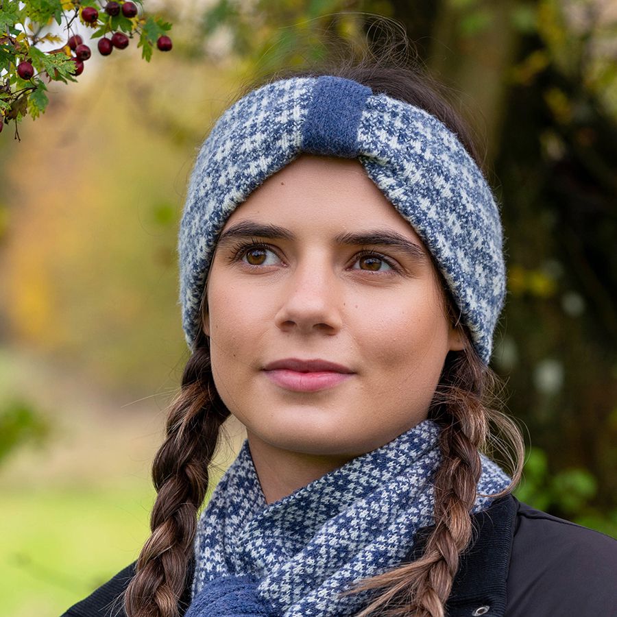 Dark Denim Scandi Floral Knit Winter Headband – Eco-Friendly Recycled Blend