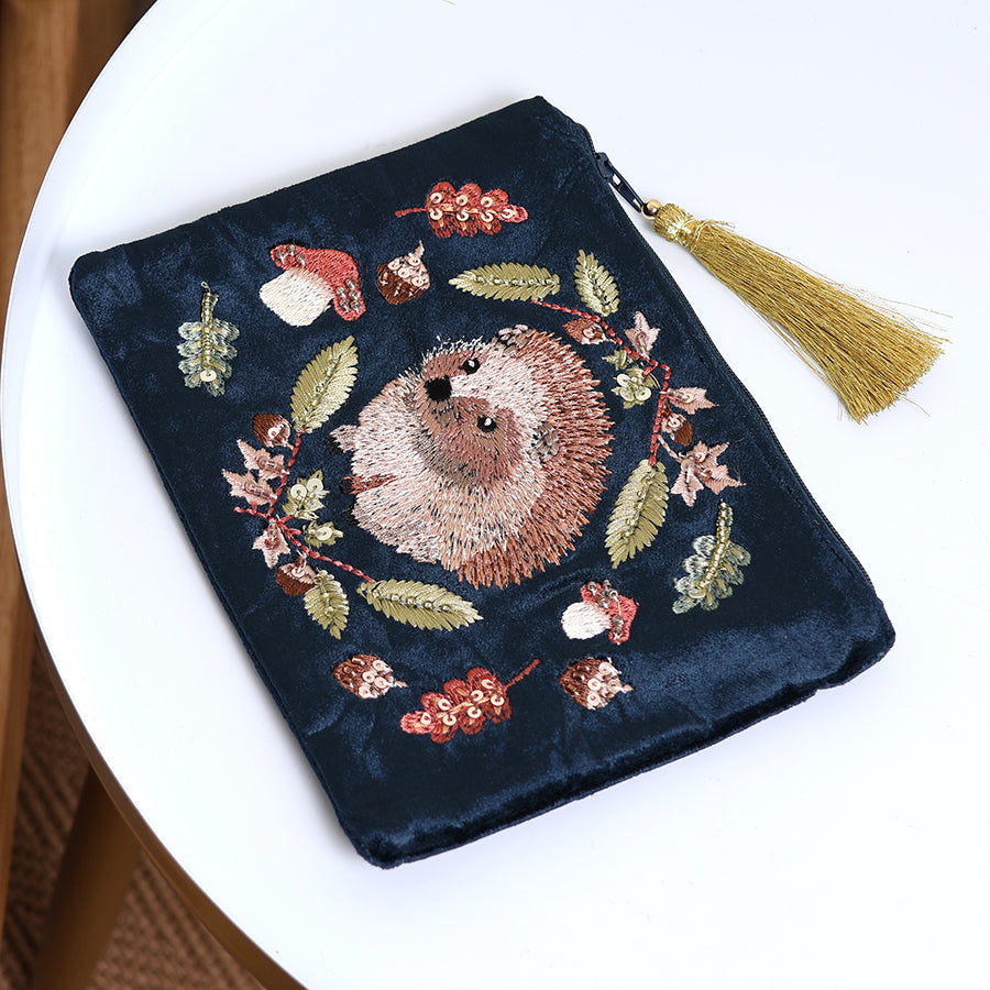 Navy Hedgehog Velvet Makeup Pouch