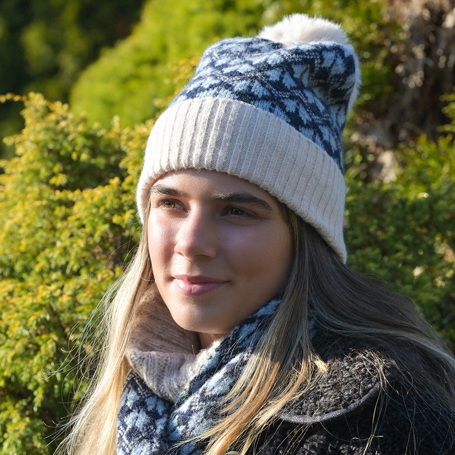Navy & Sky Blue Scandi Flower Bobble Hat