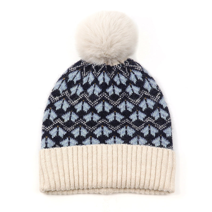 Navy & Sky Blue Scandi Flower Bobble Hat