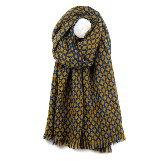 Blanket Scarf with Tassel Fringe – Soft Winter Scarf in Navy and Mustard Geometric Design