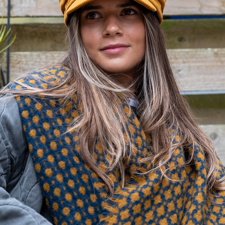 Blanket Scarf with Tassel Fringe – Soft Winter Scarf in Navy and Mustard Geometric Design