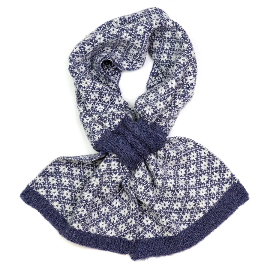 Denim Blue Scandi Floral Pull-Through Scarf – Recycled Yarn Winter Scarf with Reversible Retro Knit