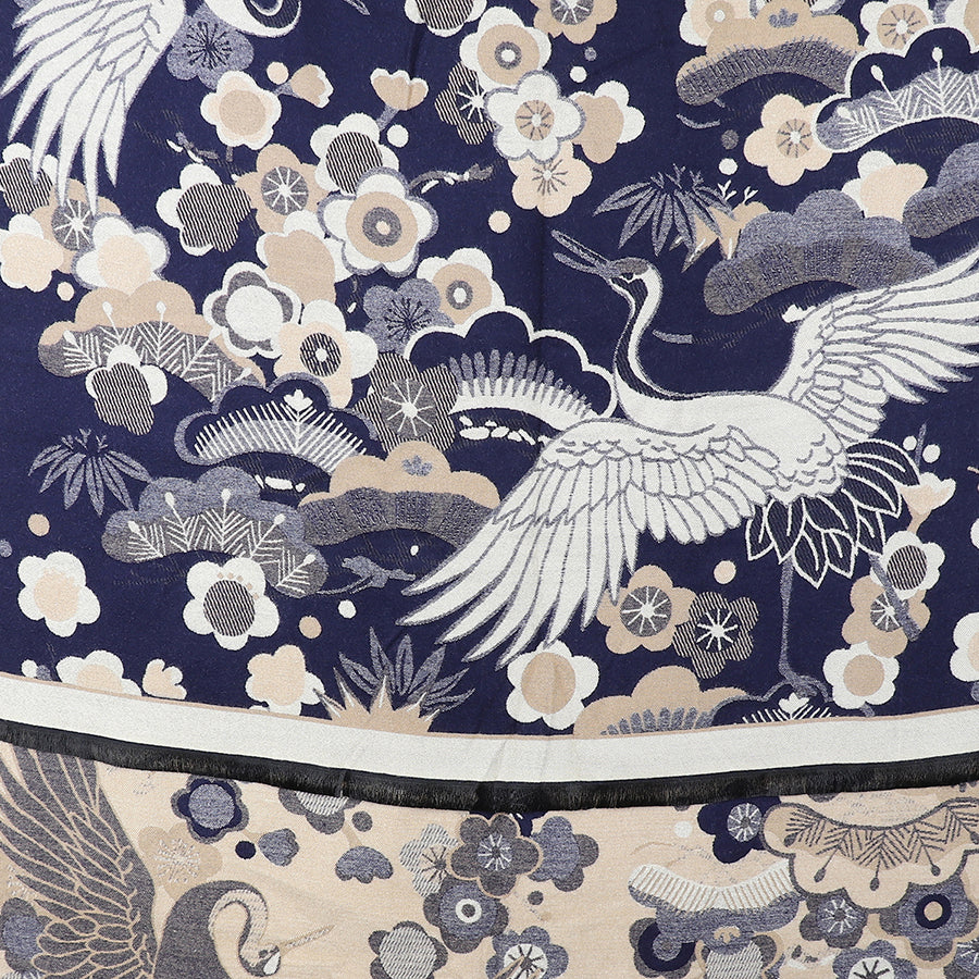 Navy Blue Crane & Floral Jacquard Scarf