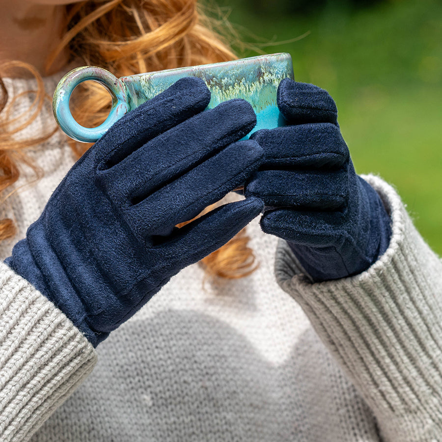 Navy Faux Suede Gloves with Stitch Detail