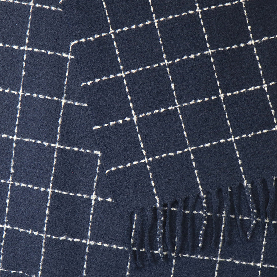 Navy Fine Check Scarf with Tassel Fringe