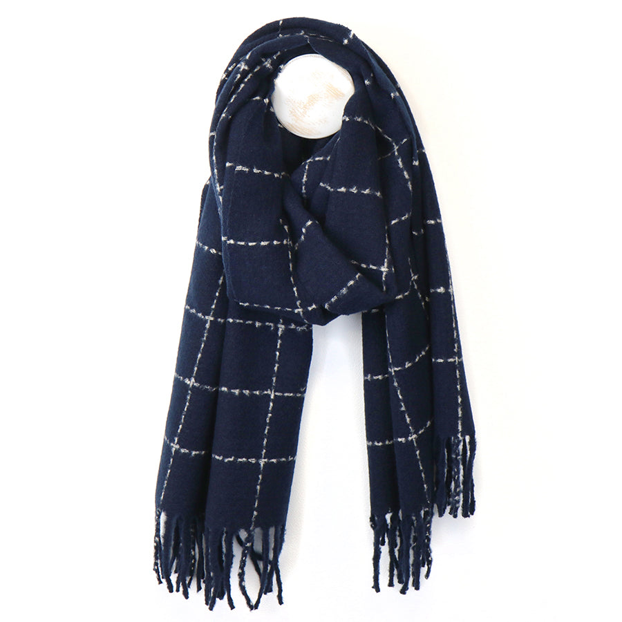 Navy Fine Check Scarf with Tassel Fringe