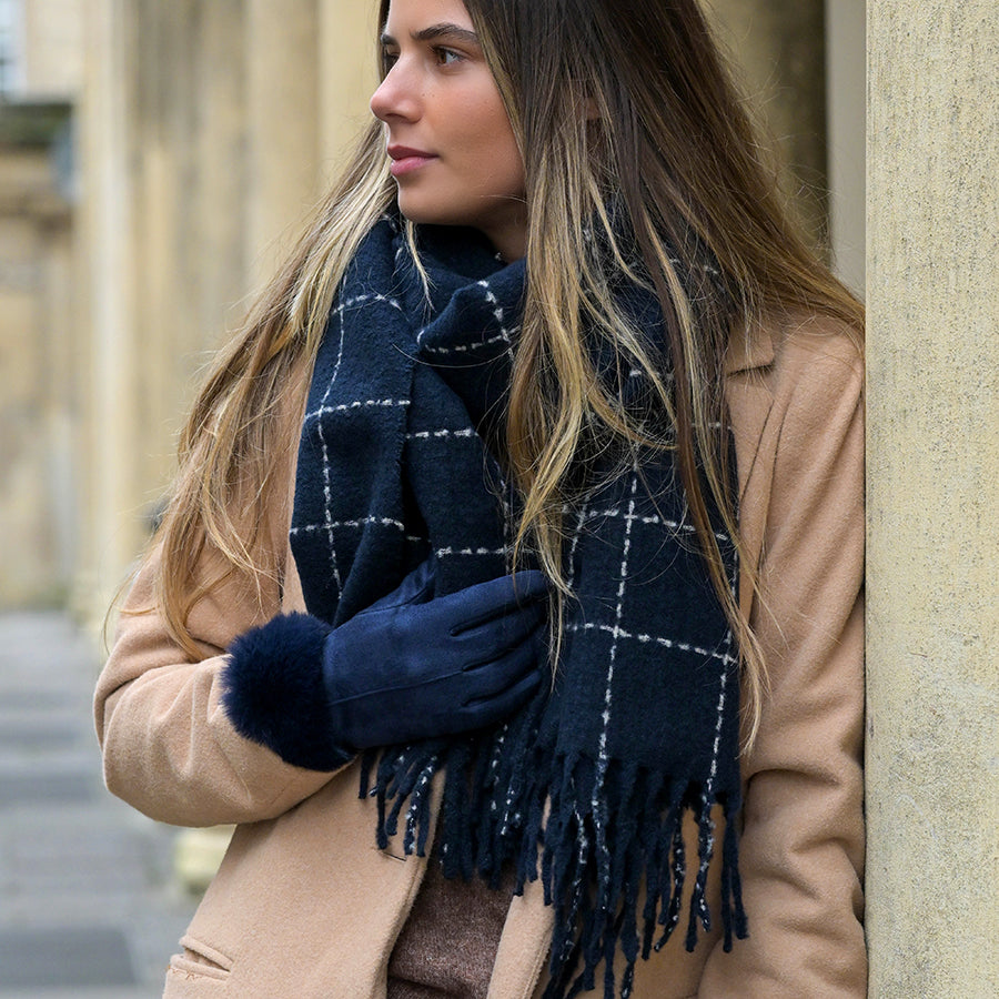 Navy Fine Check Scarf with Tassel Fringe