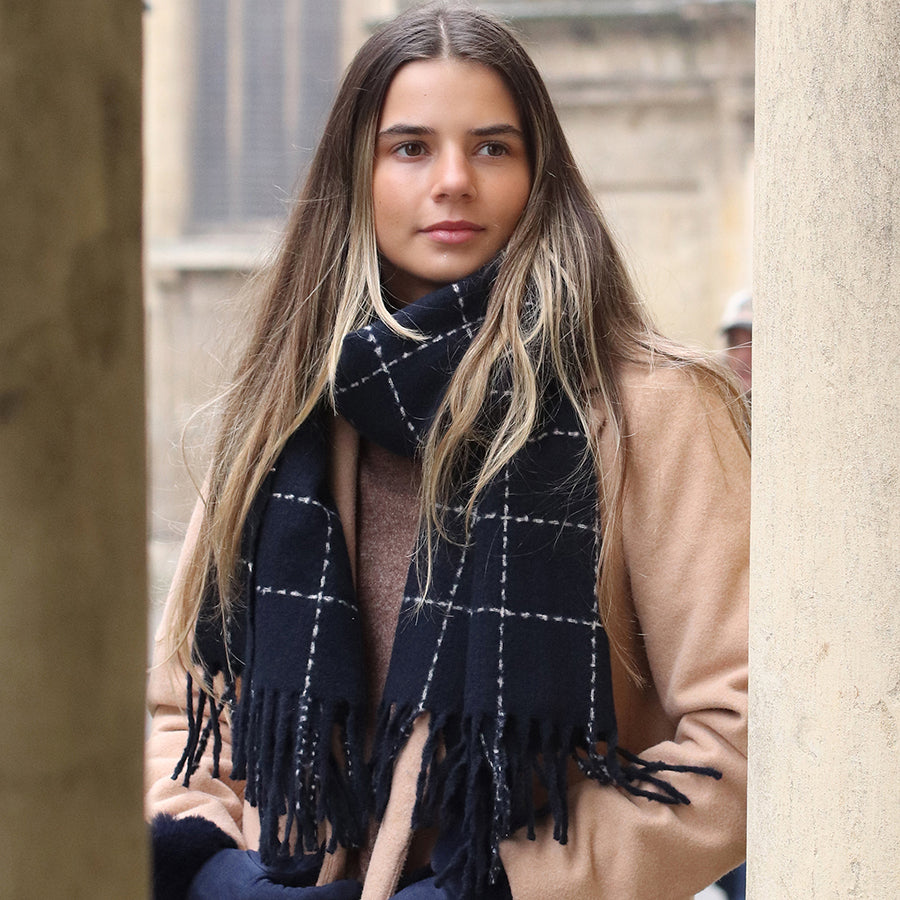 Navy Fine Check Scarf with Tassel Fringe