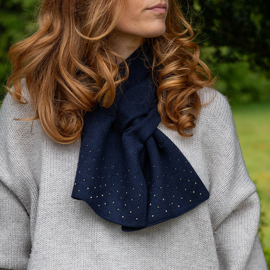 Navy Fine Knit Pull Through Scarf with Sparkle Diamante Edge