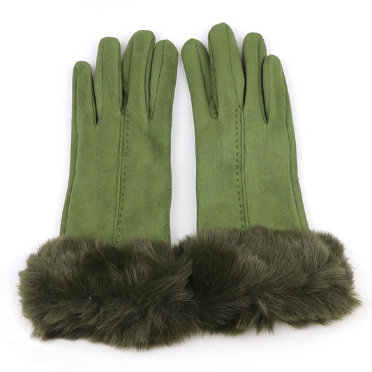 Olive Green Faux Suede Gloves with Faux Fur Wrist Cuff