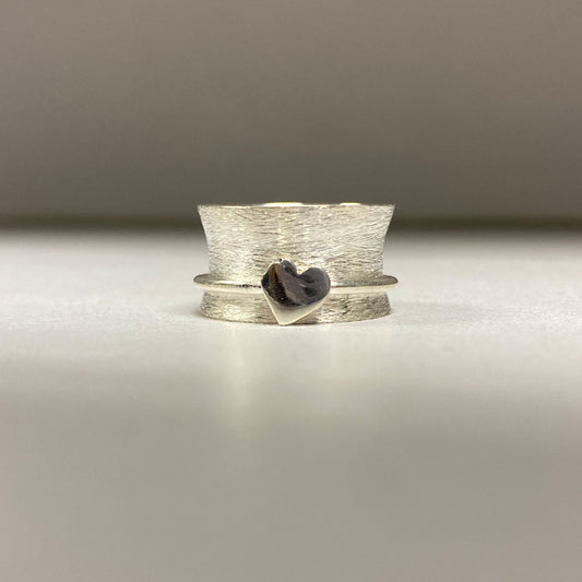 POM Sterling Silver Brushed Band with Silver Heart Ring