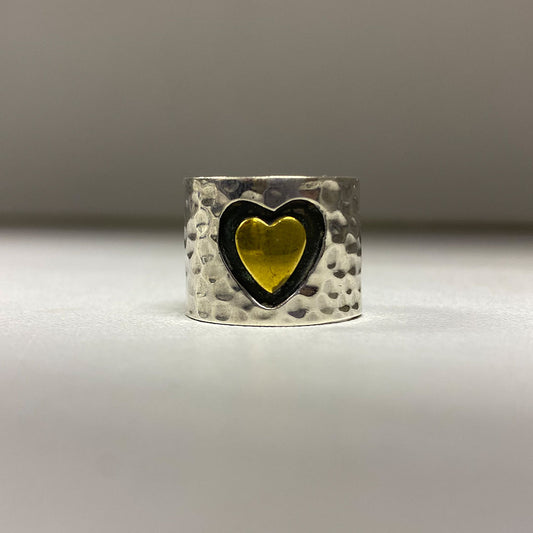 POM Sterling Silver Chunky Hammered Ring with Brass Heart